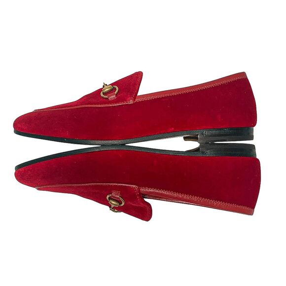 Gucci Jordaan Horsebit Loafers EU 38 US 8 Red Velvet Flat Buckle Shoes - Picture 4 of 10